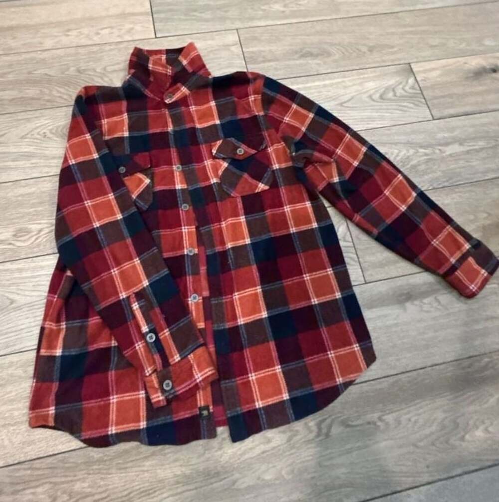 Freedom Foundry Plaid Fleece Button Down Shirt Size L/G Red Orange Navy